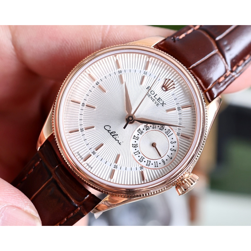 Rolex Cellini Date Watch  Everose Gold Silver Dial Brown Leather Strap