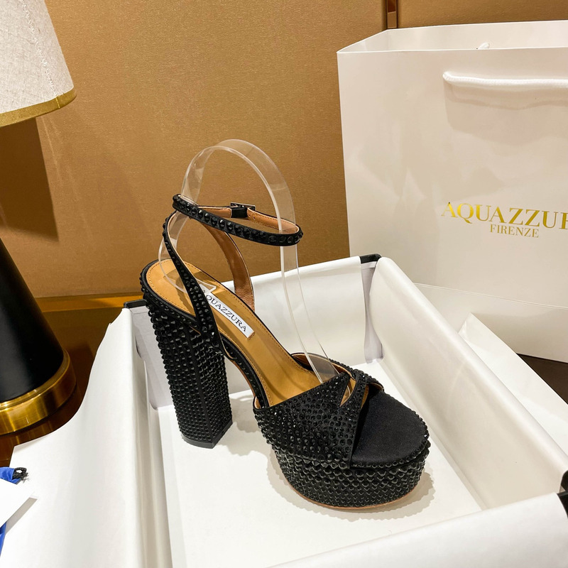 Aquazzura Sinner Crystal Plateau Satin Sandals Black