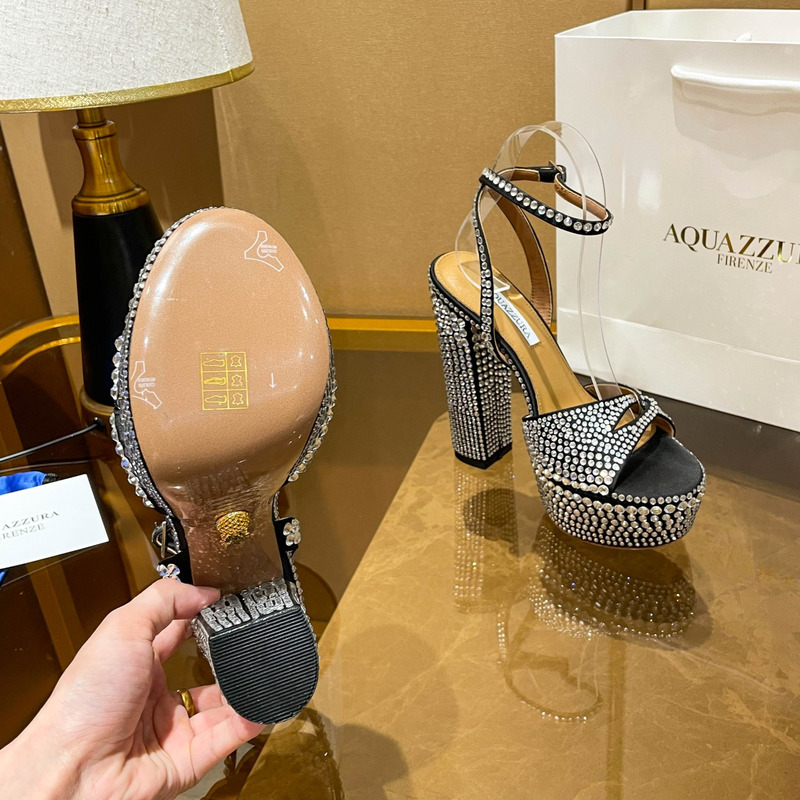 Aquazzura Sinner Crystal Plateau Satin Sandals Black