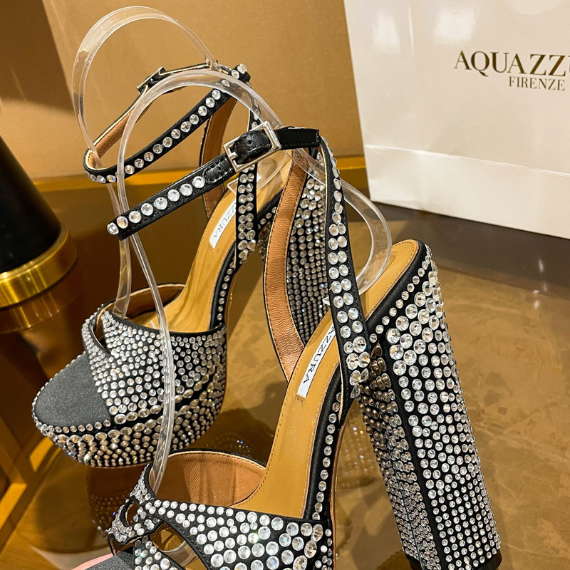 Aquazzura Sinner Crystal Plateau Satin Sandals Black
