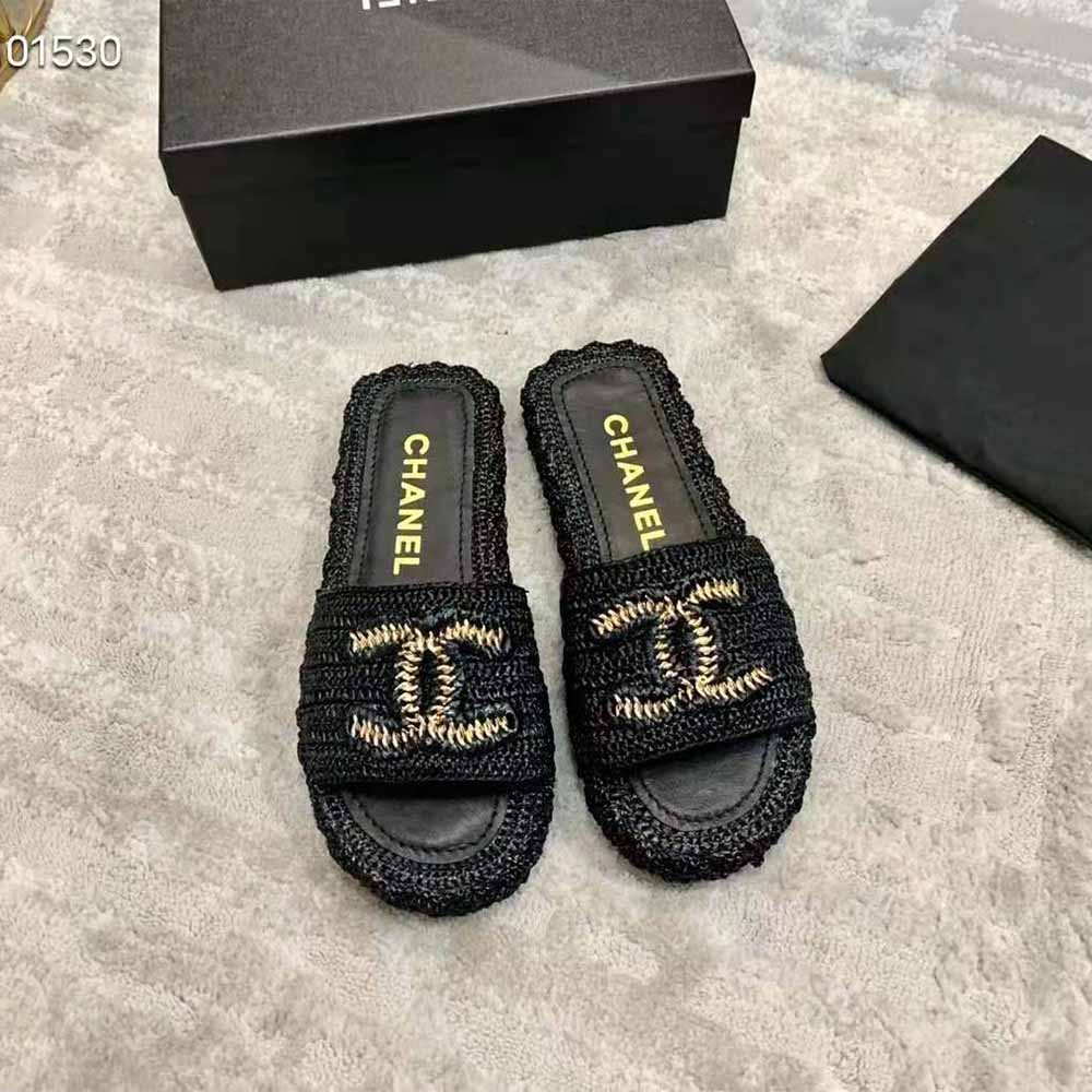 Ch*el womens flat sandals black 2021 ss