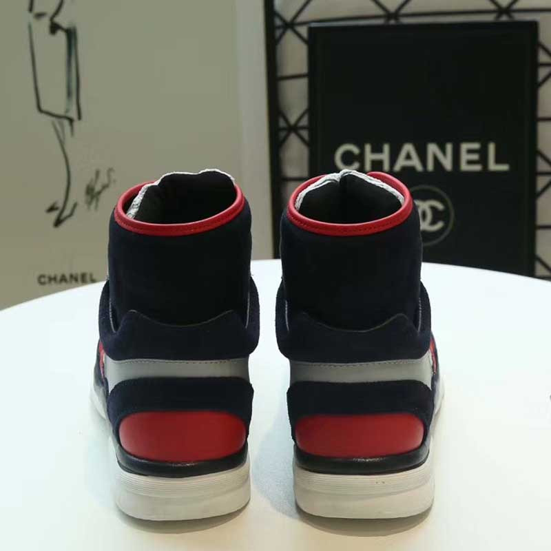Ch*el red logo satin high top sneakers in grey