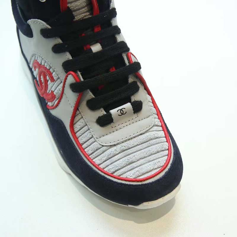 Ch*el red logo satin high top sneakers in grey