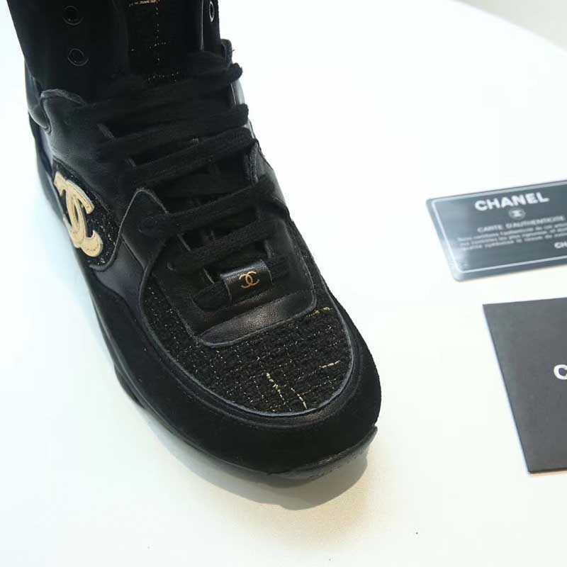 Ch*el gold logo satin high top sneakers in black