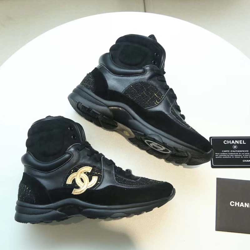 Ch*el gold logo satin high top sneakers in black