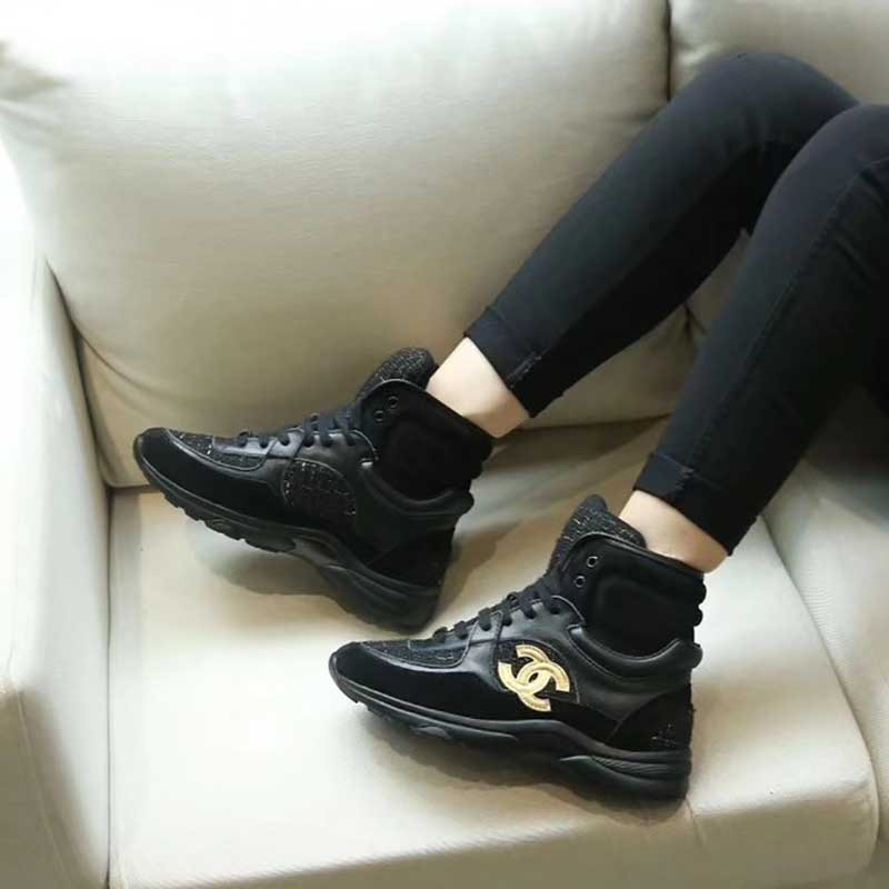 Ch*el gold logo satin high top sneakers in black