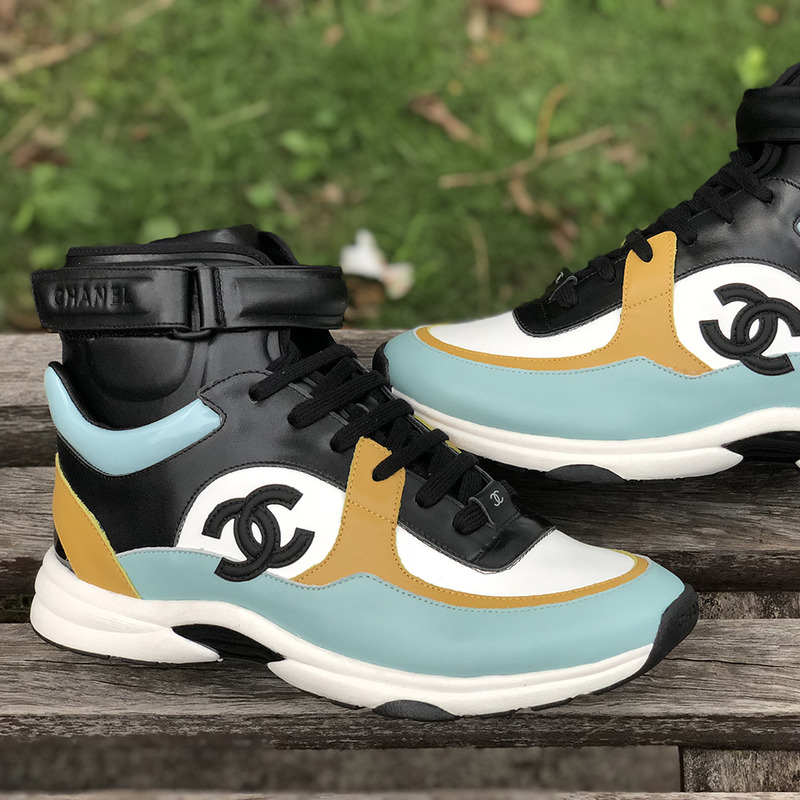 Ch*el calfskin & velvet high top sneaker inblack, light yellow, white & light blue