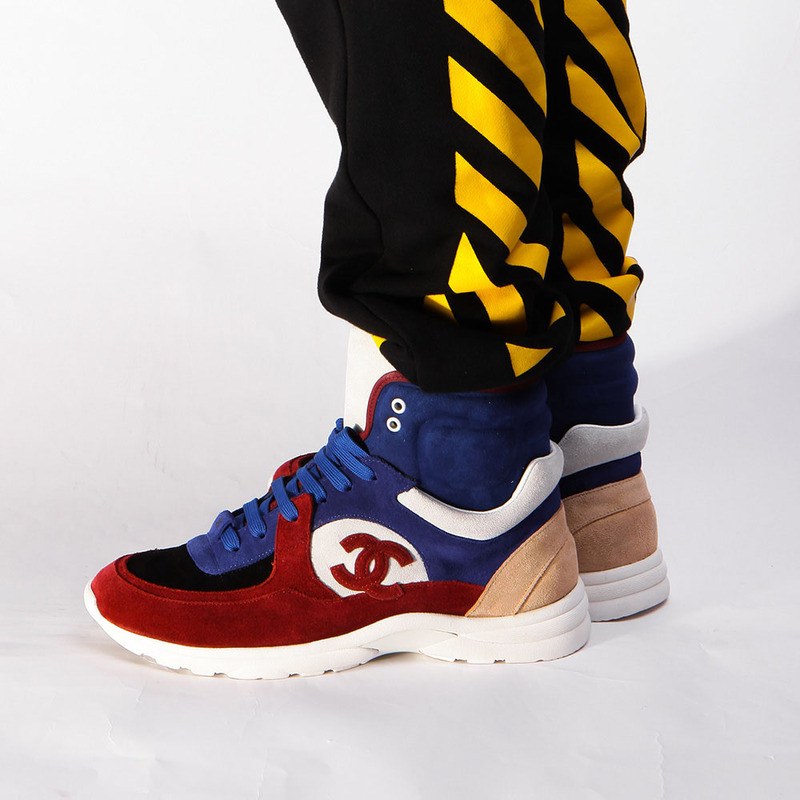 Ch*el calfskin & velvet high top sneaker in blue&red