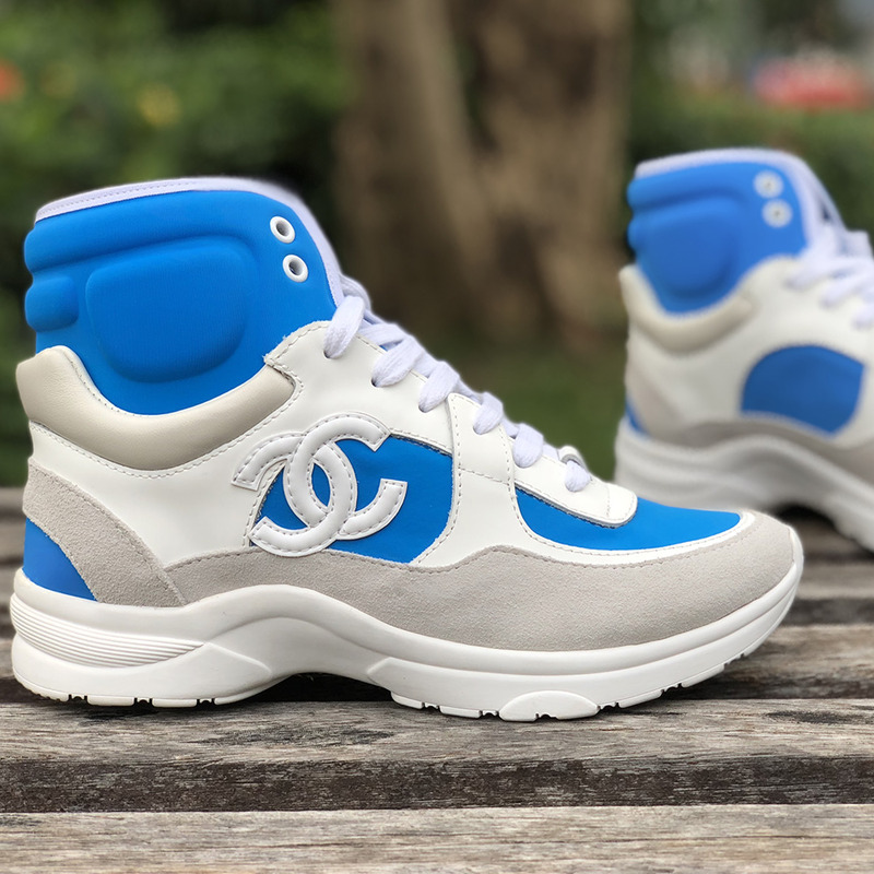 Ch*el high top sneakers in white and blue