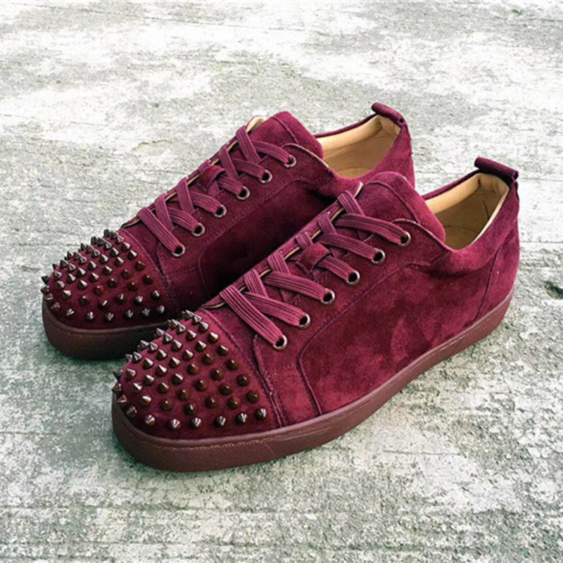 [made  to order] ch**an louboutin S*per perfect l**is junior spikes flat suede in lie de vin-maroon