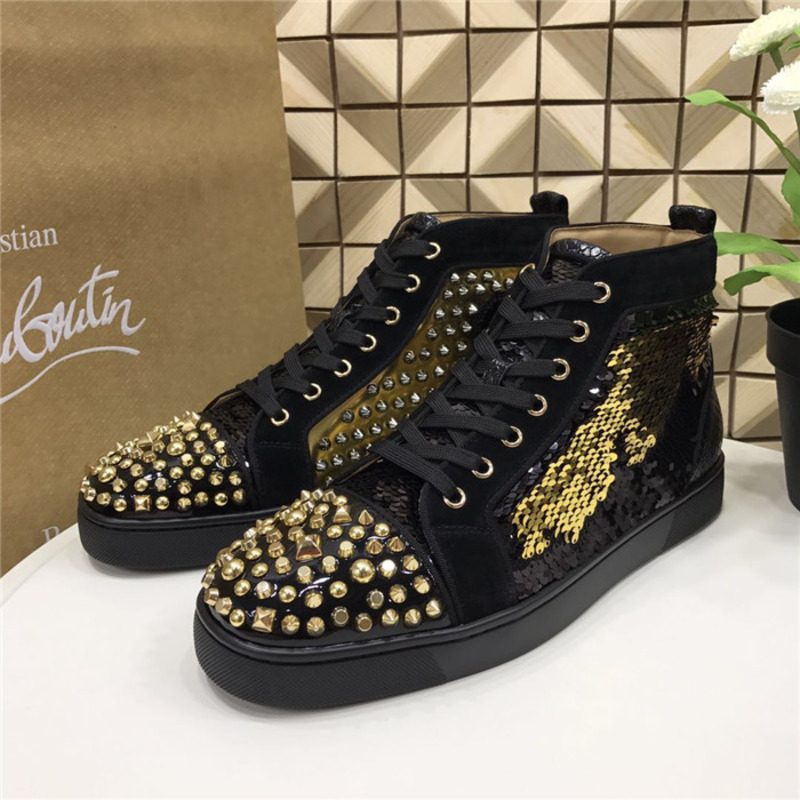 [made  to order] ch**an louboutin S*per perfect gold lou spikes sequins high top sneakers