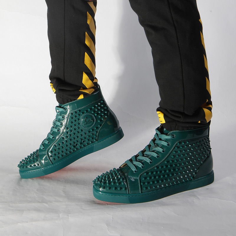 Ch**an louboutin limited stock limited version l**is spikes orlato men''s green flat high-top sneaker
