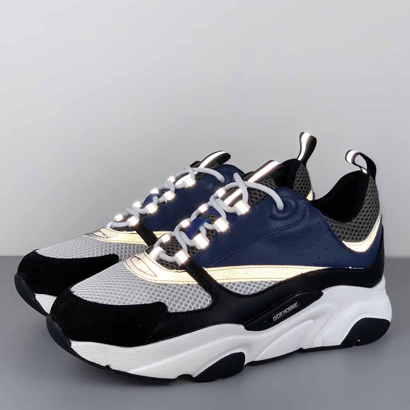 D*or "b22" sneaker in grey technical knit and white, blue calfskin