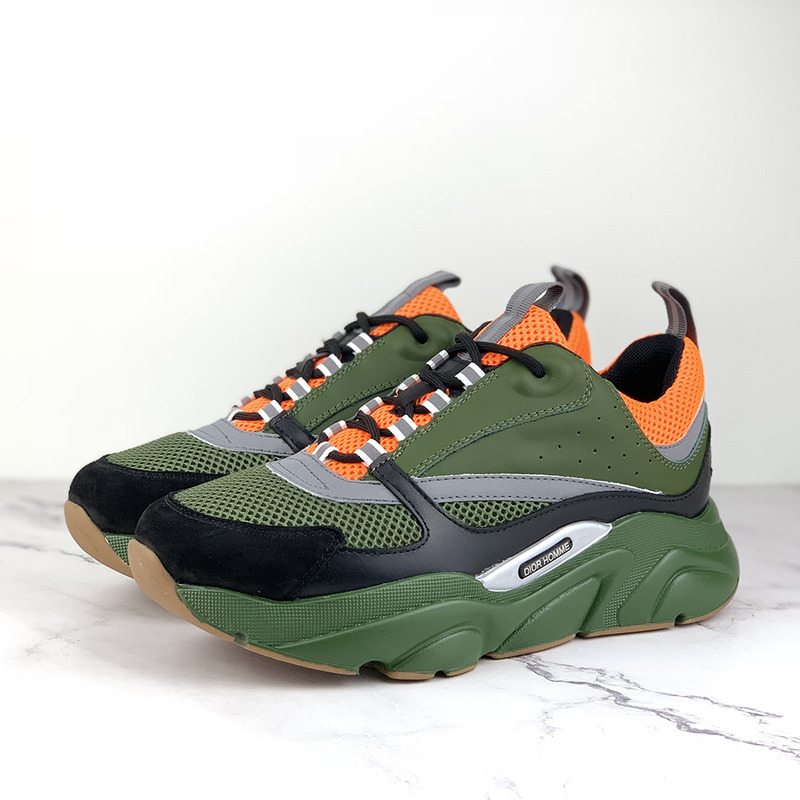 D*or "b22" sneaker in orange technical knit and black, gray and green calfskin