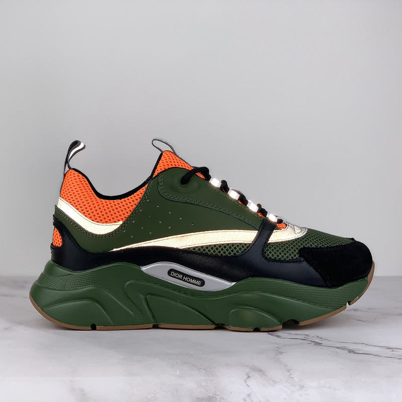 D*or "b22" sneaker in orange technical knit and black, gray and green calfskin