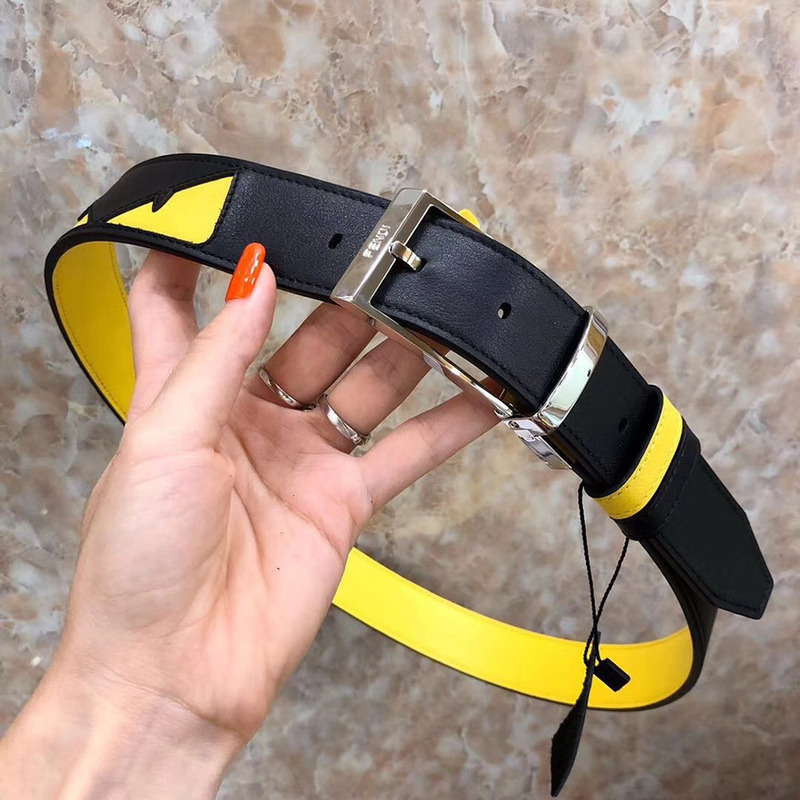 F**di black and yellow leather belt with bag bugs eyes