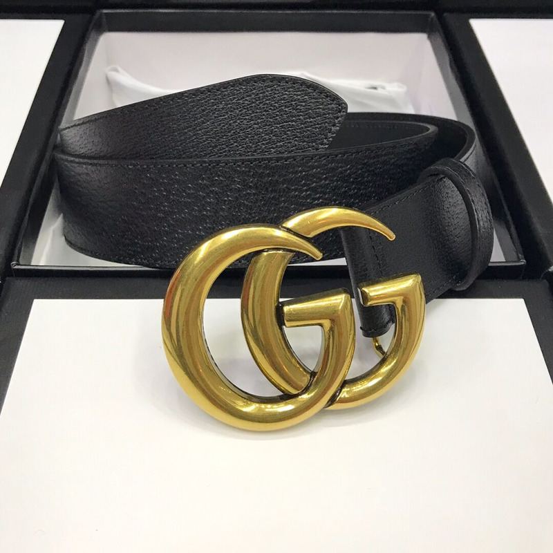 G*u*i leather black belt with double g golden buckle