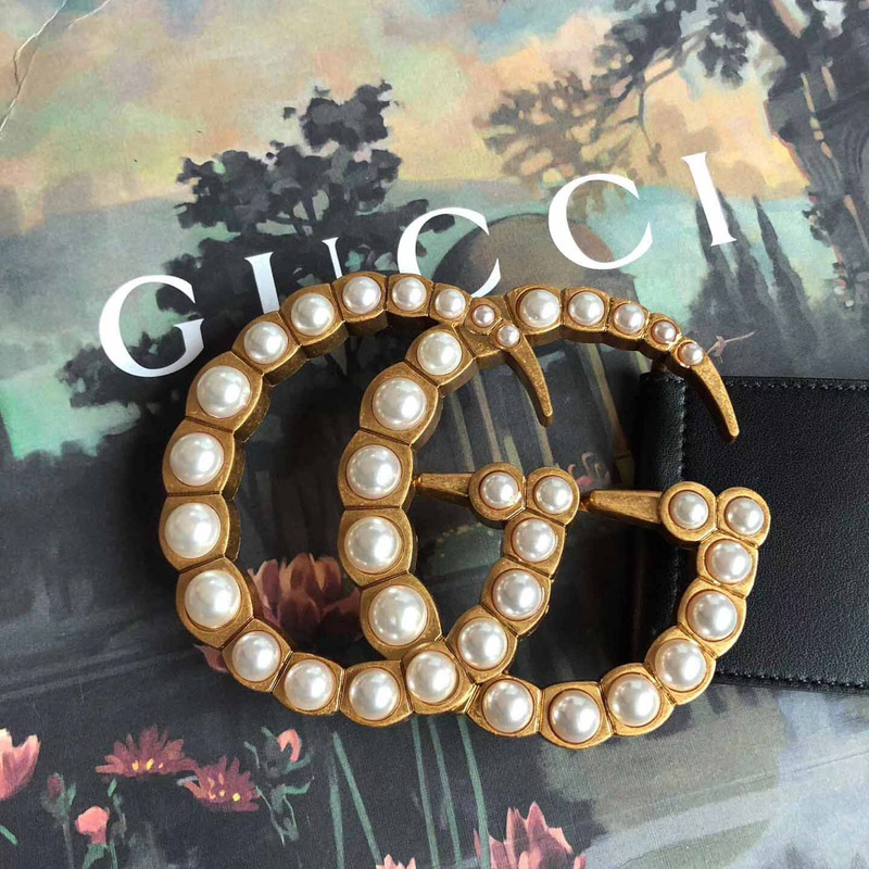leather belt with pearl double G*u*i buckle