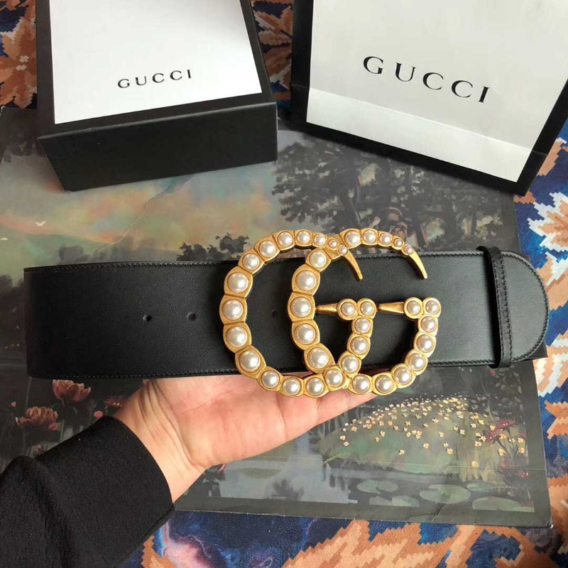 leather belt with pearl double G*u*i buckle