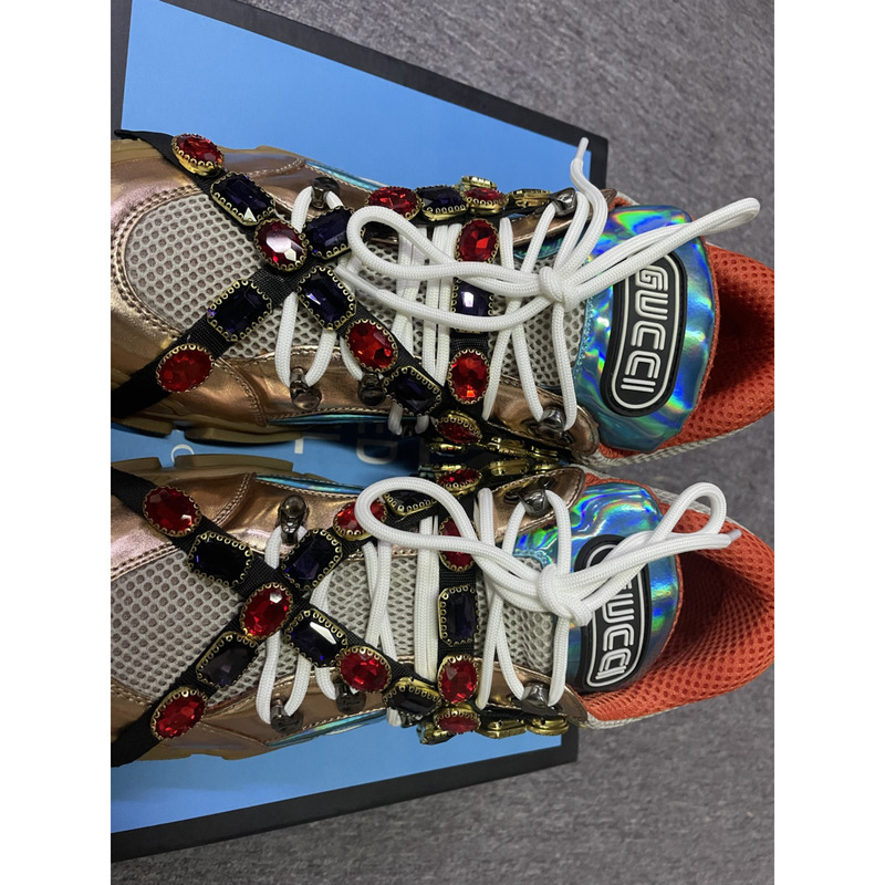 G*u*i flashtrek sneaker with removable crystals(brown and red leather)