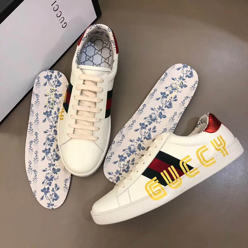 g*u*i ace sneaker with G*u*iy print in white
