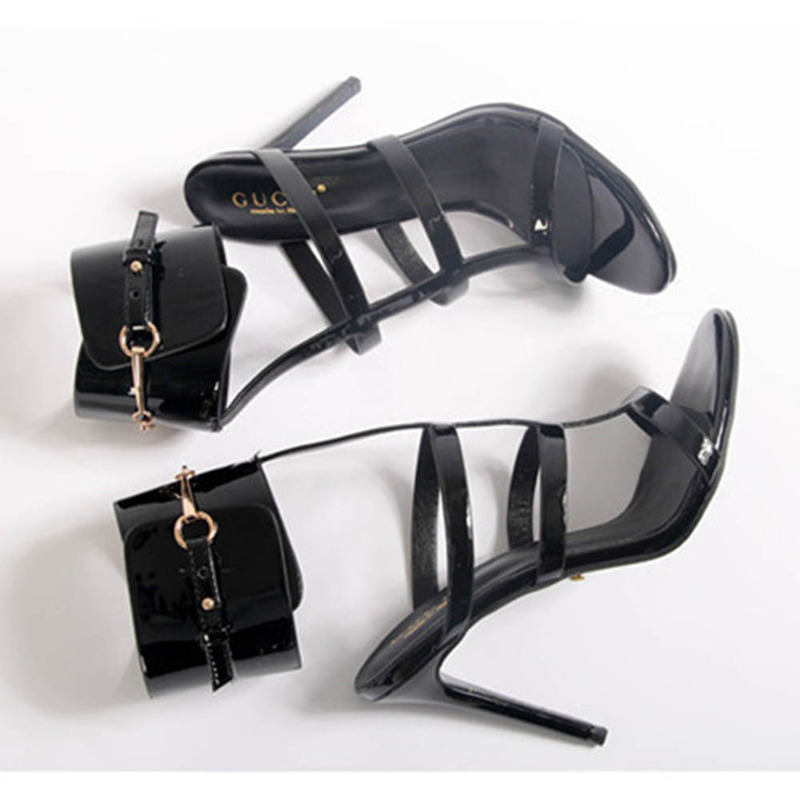 G*u*i ursula patent ankle-wrap cage sandal black