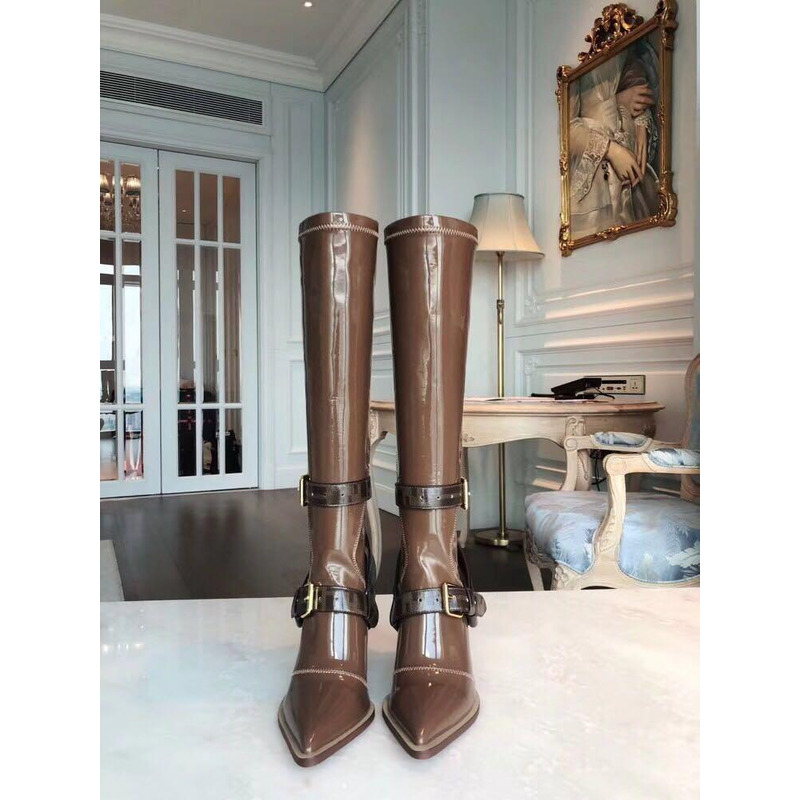 F**di harness buckle patent neoprene tall boots brown