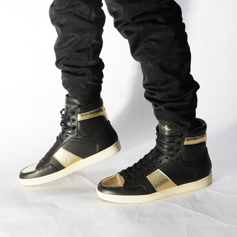 Saint Laurent YSL Signature Court Classic High Top In Black Leather And Gold Metallic Leather Men Sneaker